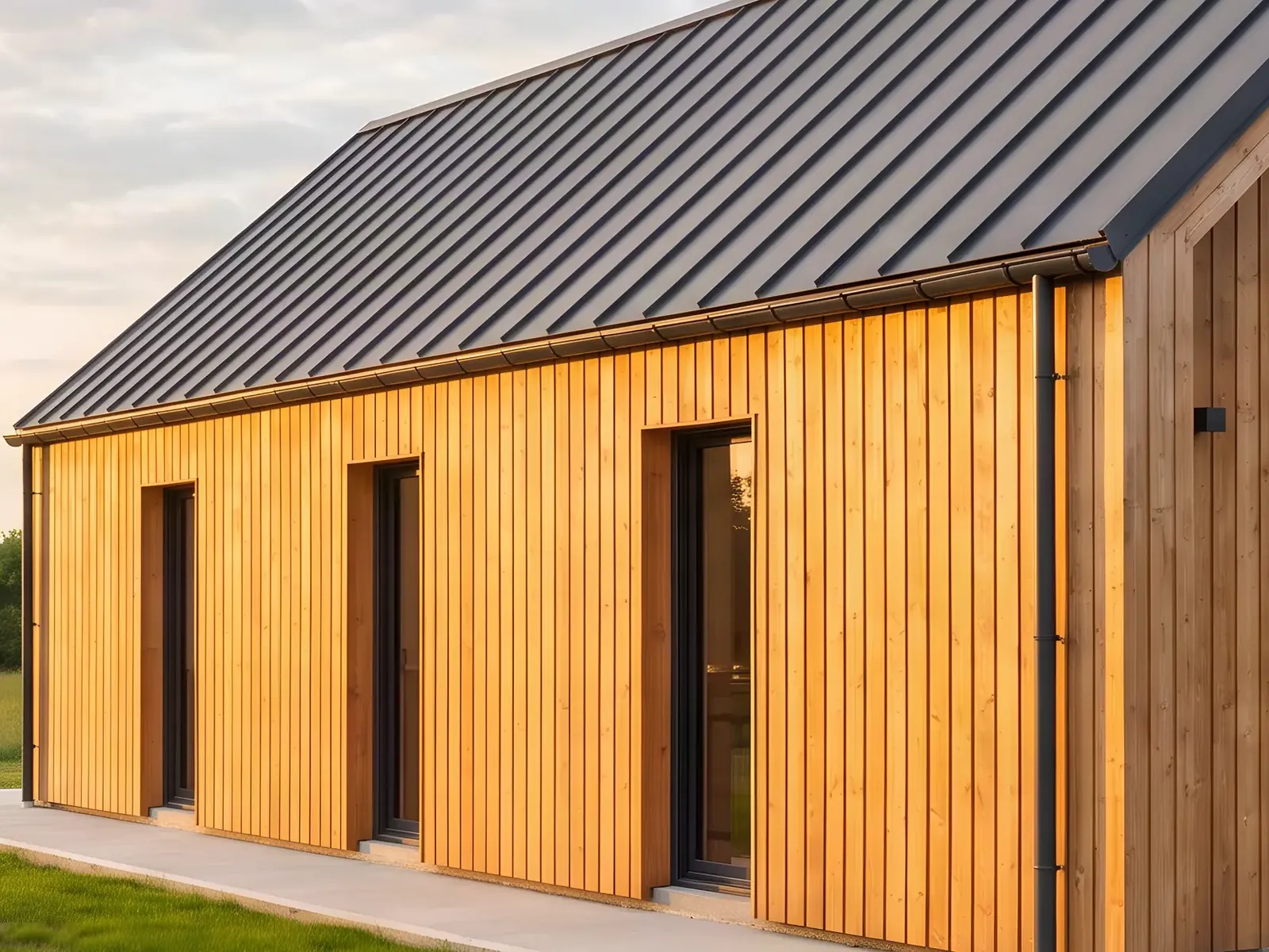 Façade d’une maison à ossature bois terminée, bardage vertical en bois clair