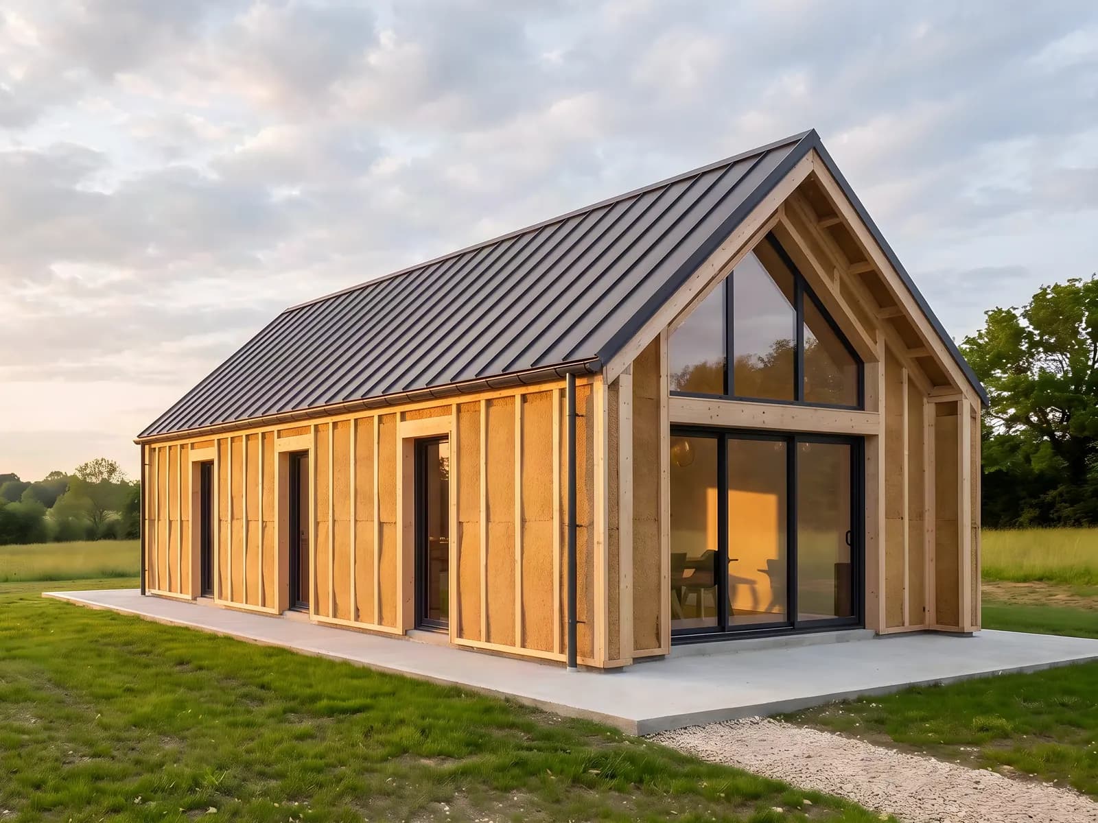 Maison bois en kit en montage, isolant posé entre les montants et toiture achevée
