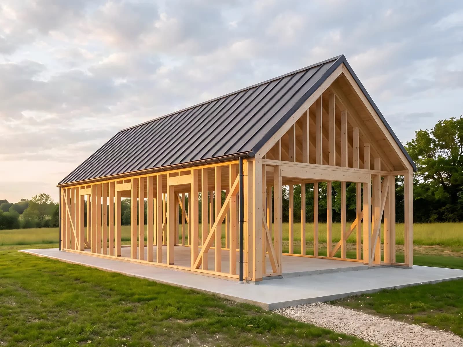 Ossature bois d’une maison en kit montée sur sa dalle, toiture posée