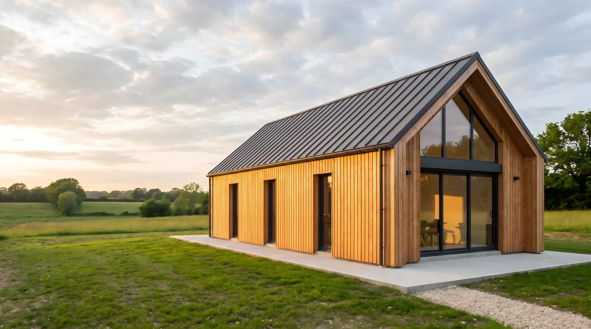 Maison à ossature bois finie, bardage mélèze et pignon vitré, posée sur sa dalle au milieu d’une prairie au soleil couchant